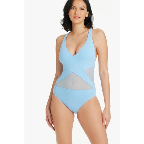 BLEU ROD BEATTIE Don’t Mesh with Me V-Neck One-Piece Swimsuit Size 8 Blue NWT - Picture 1 of 11